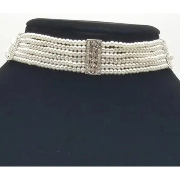 Vintage White Faux Pearl 6 Strand Rhinestone Collar Necklace - Picture 1 of 2